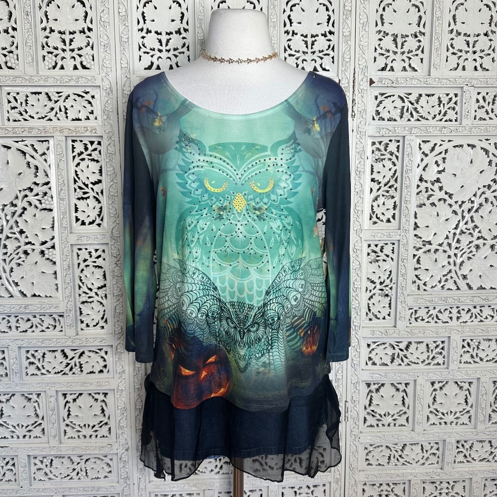 NWT One World Green Grunge Halloween‎ Owl Themed Graphic 3/4 Sleeve Flowy Blouse